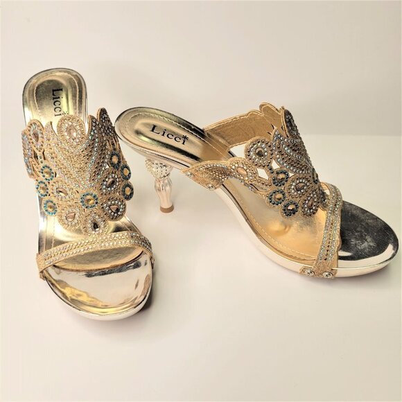 GOLD High Heels Crystal Embellished Heels Size 7 (size 38) - Picture 3 of 15